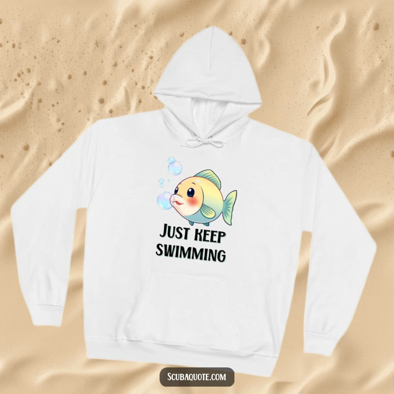 Funny hoodie depicting a cheerful fish blowing large iridescent bubbles, perfect for cozying up with a dose of underwater charm.