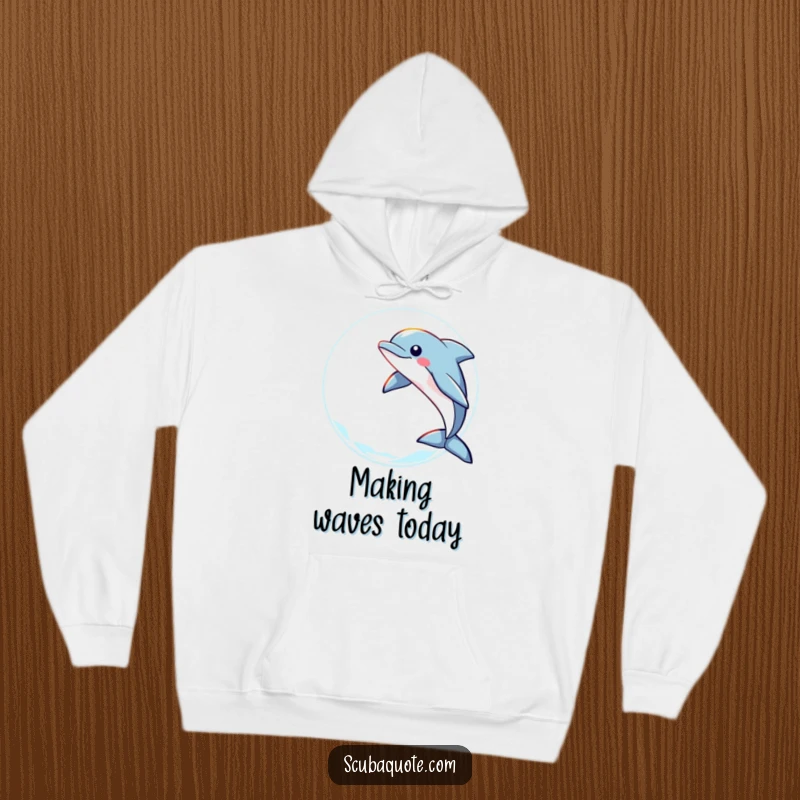 Funny hoodie featuring a playful dolphin leaping through a ring of light, designed for warmth and joyful aquatic themes.