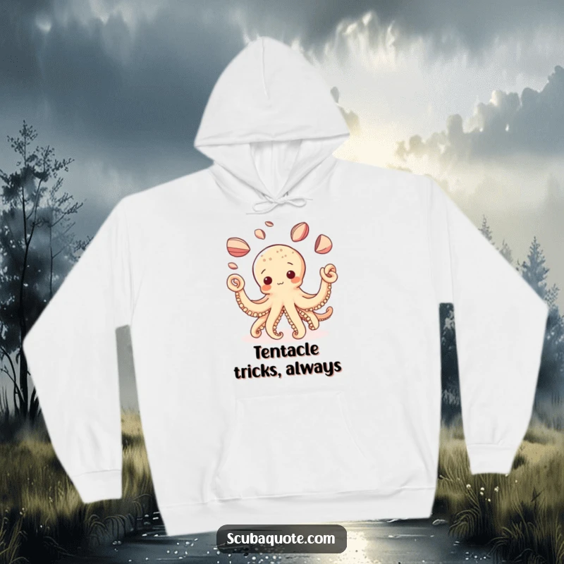 Funny Octopus Hoodie: A delightful octopus enthusiastically juggles a stack of glistening shells, showcasing its amazing dexterity.