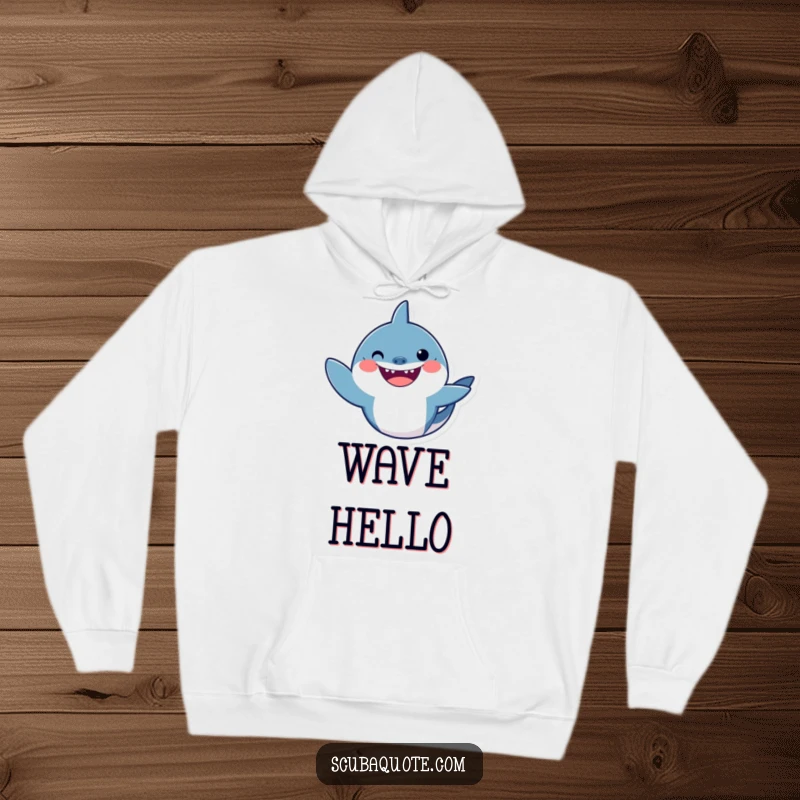 Funny shark hoodie featuring a smiling shark giving a friendly wave, perfect for staying warm and stylish.