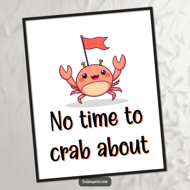 Funny Free Printable Wall Art: Happy crab scuttling forward with a tiny flag, bringing coastal joy!