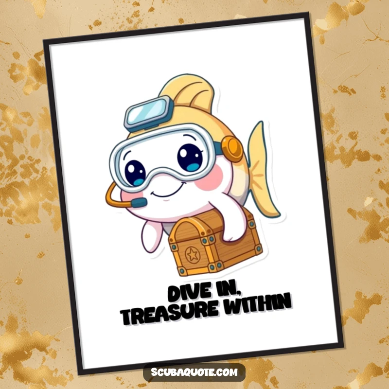 Funny Free Printable Wall Art: A cute fish in a diving mask proudly holds a treasure chest, a humorous underwater scene.