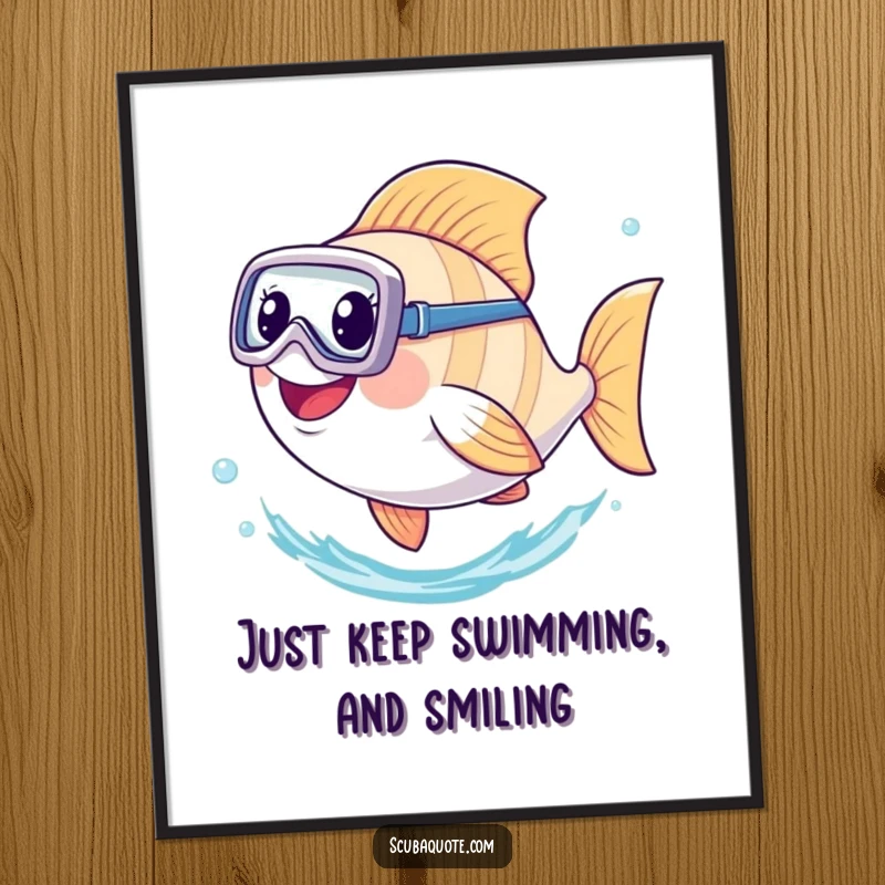Funny Free Printable Wall Art: A fish wearing a diving mask joyfully kicks its tail, swimming through clear water.