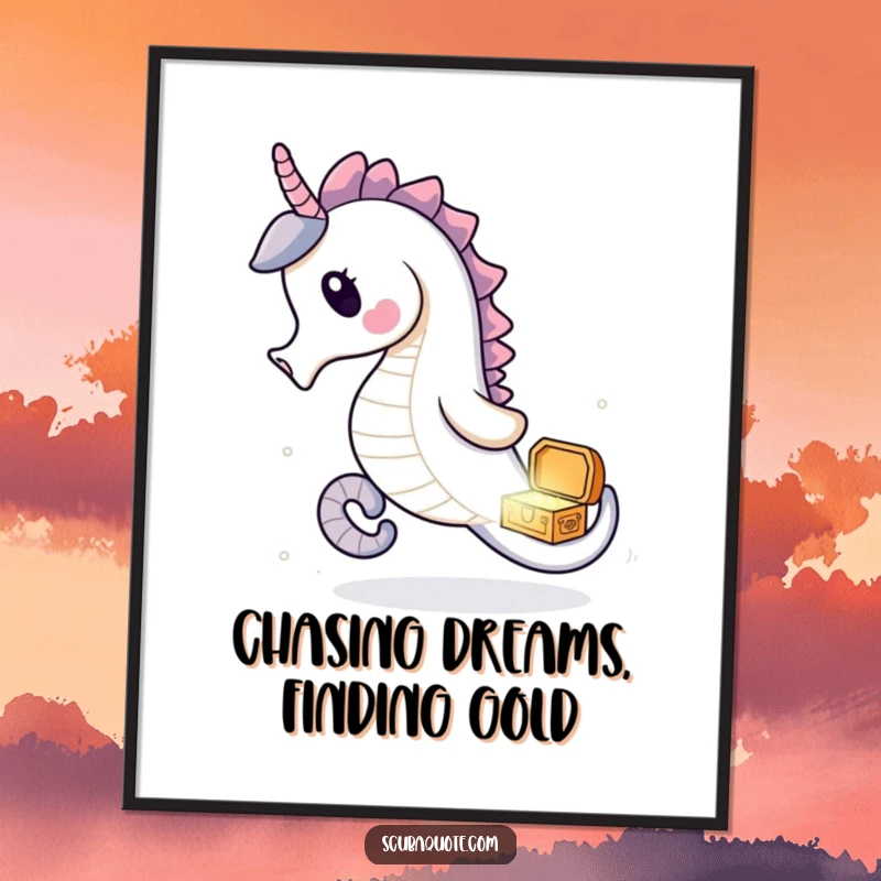 Free Printable Seahorse Wall Art showing a delighted seahorse chasing a sparkling treasure chest, ideal for humorous decor.