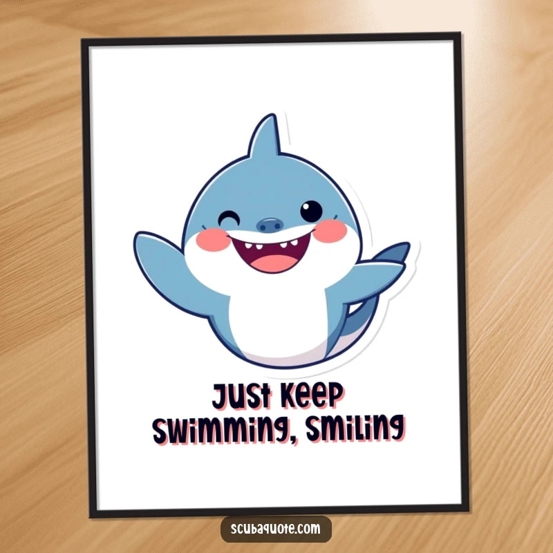 Funny Free Printable Shark Wall Art showcasing a smiling shark giving a friendly wave, ideal for humorous home decor.