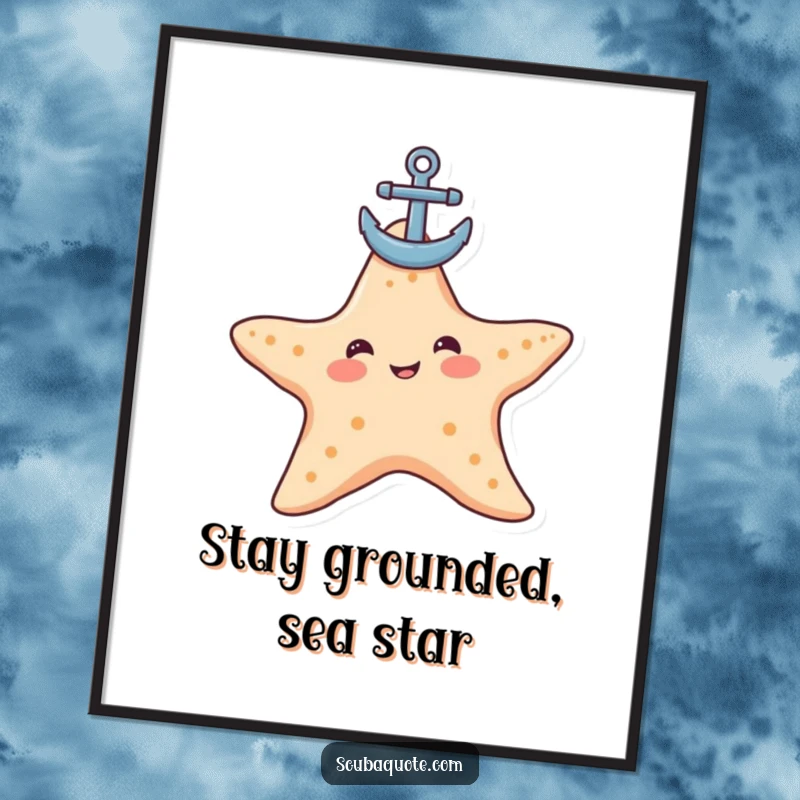 Funny Free Printable Wall Art: Contented starfish humorously balancing a small anchor on its head, offering calm and quirky wall decor.