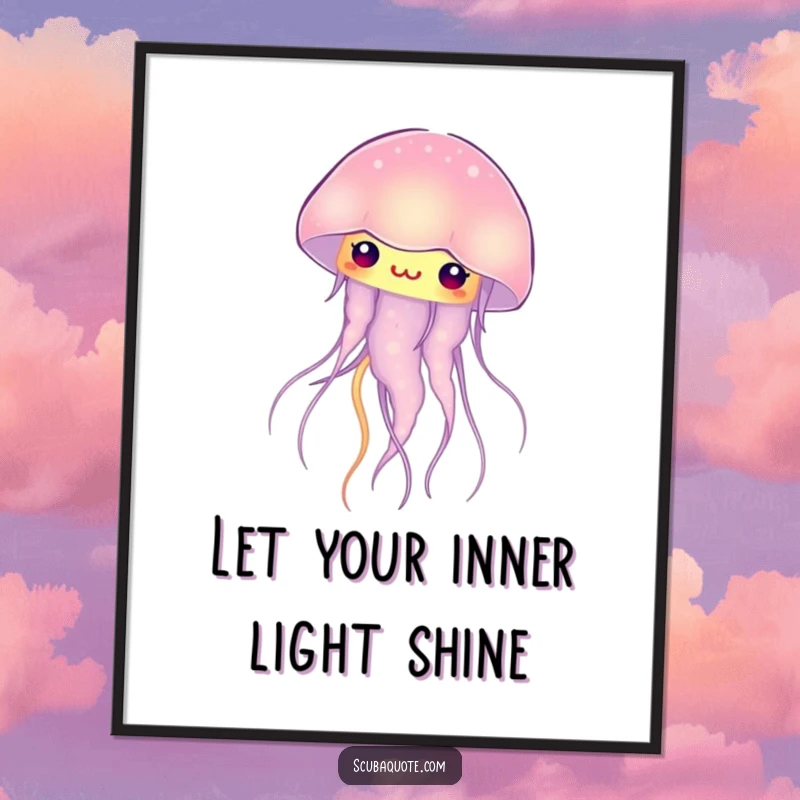 Funny Free Printable wall art depicting a curious jellyfish pulsing with a soft, enchanting internal glow, adding humor to decor.