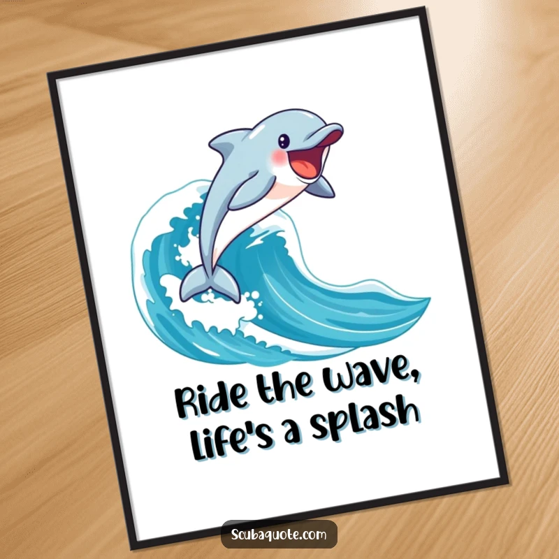 Funny Free Printable Wall Art of a happy dolphin enthusiastically leaping from a blue wave crest, cool downloadable art.