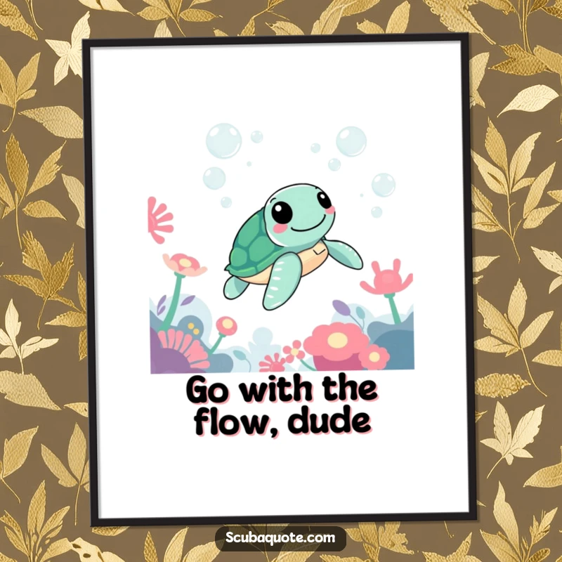 Funny Free Printable Wall Art: A cheerful sea turtle glides peacefully past colorful anemones and bubbles underwater.