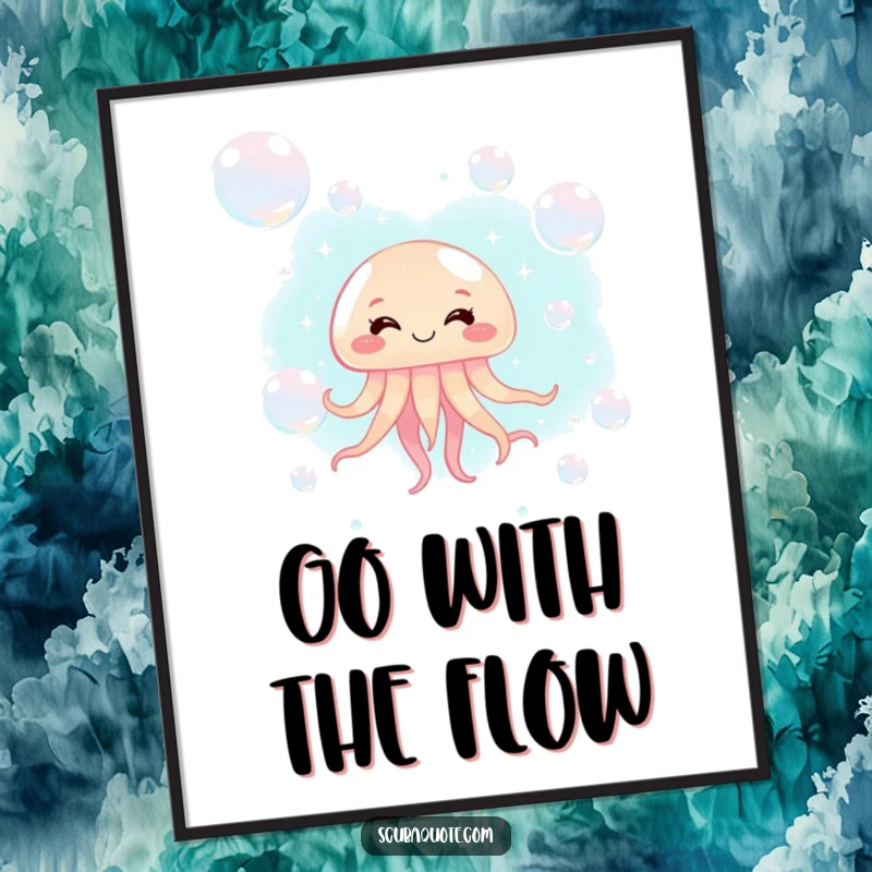 Free Printable Jellyfish Wall Art showing a giggling jellyfish floating in shimmering bubbles, ideal for humorous decor.