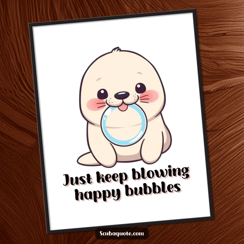 Funny Free Printable Wall Art: Cute seal pup blowing a bubble ring with its nose, charming downloadable art.