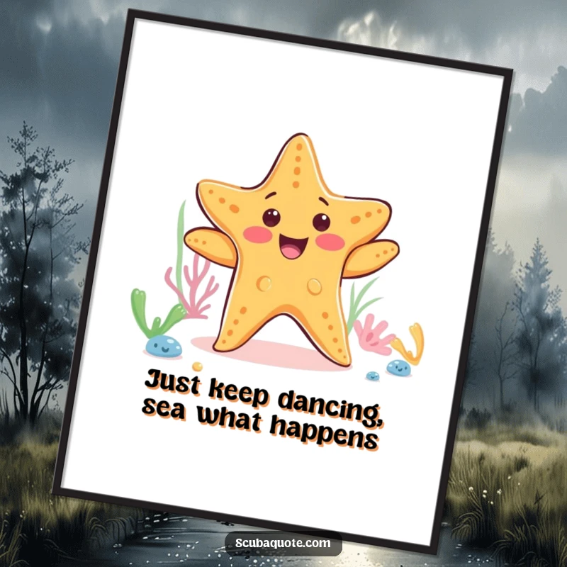 Funny Free Printable Wall Art: Happy starfish performing a little dance on the ocean floor, playful downloadable art.