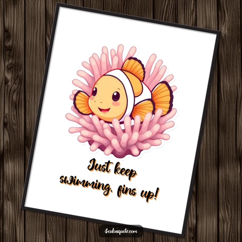 Funny Free Printable Wall Art featuring a smiling clownfish peeking playfully from behind its anemone, adding underwater whimsy.