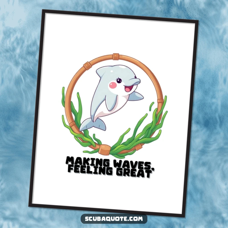 Funny Free Printable Wall Art: A playful dolphin performs an impressive leap through a hoop adorned with seaweed in a dynamic underwater scene.