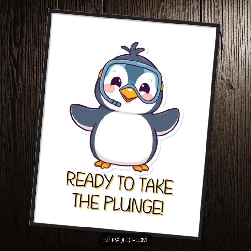 Funny Free Printable Wall Art: A smiling penguin wearing a tiny snorkel and mask, waving hello from under the sea, cute decor.