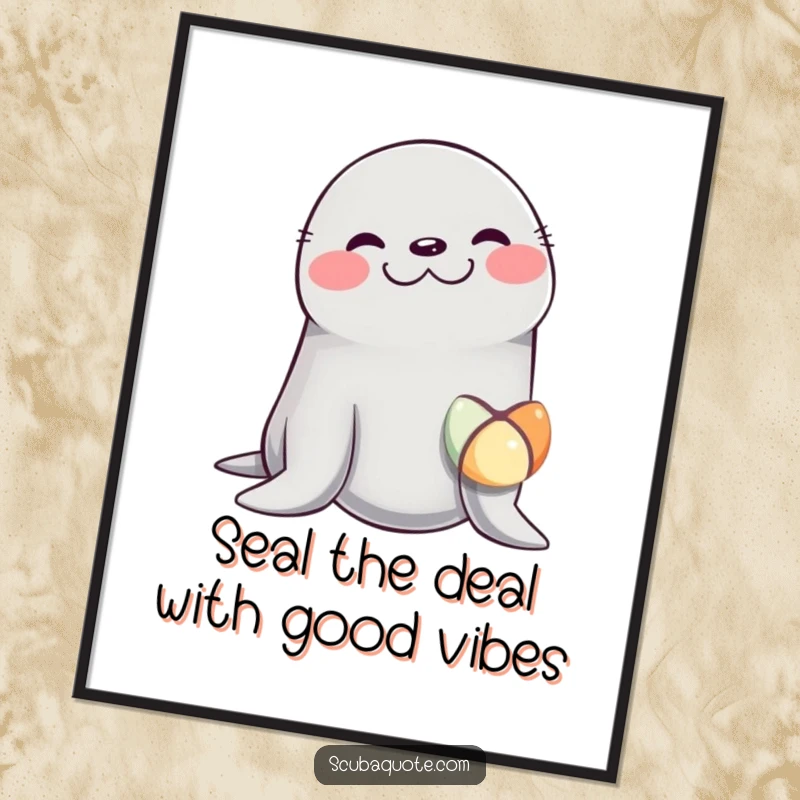 Funny Free Printable Wall Art: A giggling seal hilariously balances a colorful ball on its nose, radiating joy.