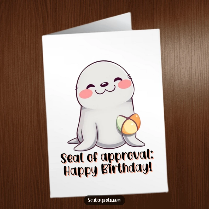 Funny Free Printable Birthday Card: A giggling seal joyfully balances a colorful ball on its nose, ready to celebrate.