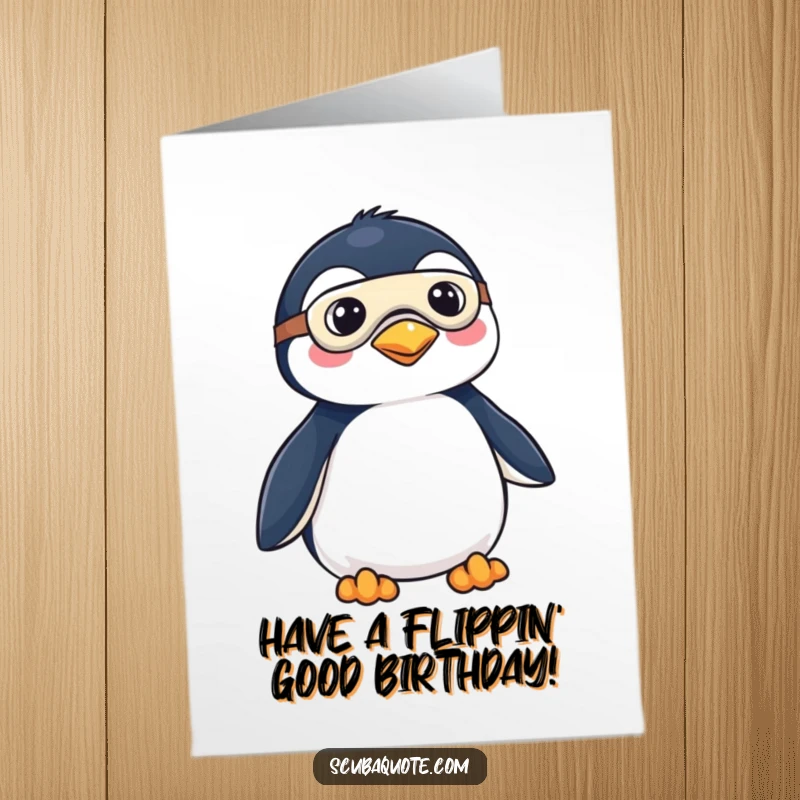 Funny Free Printable Birthday Card: A playful penguin wears a mask and fins, ready for a birthday adventure.