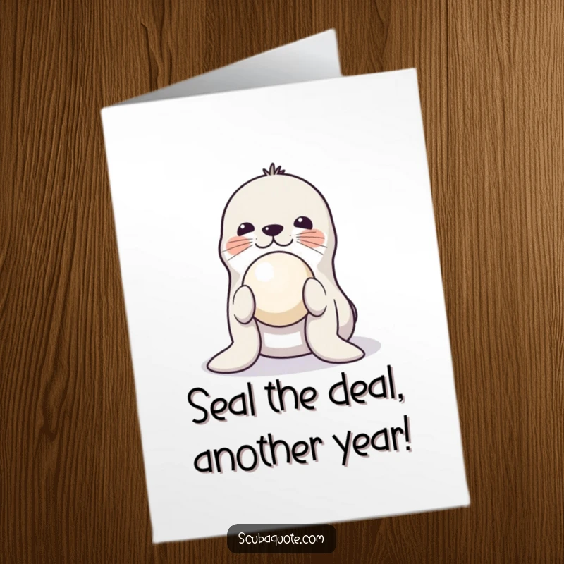 Funny Free Printable Birthday Card of a playful seal expertly balancing a large ball on its nose, looking very pleased.