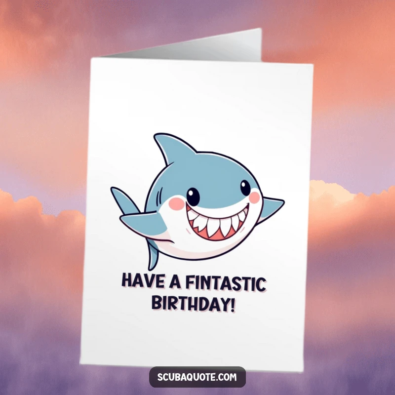 Funny Free Printable Birthday Card: Playful shark with friendly grin does a somersault underwater, wishing a happy birthday with high energy.