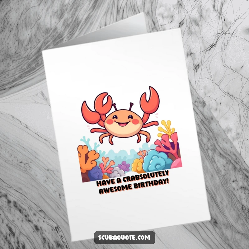 Funny Free Printable Birthday Card: A smiling crab with extended claws navigates a vibrant coral reef.