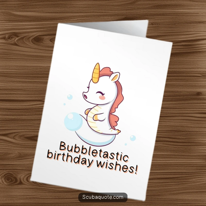 Funny Free Printable Birthday Card: Tiny seahorse giggling joyfully while riding a super speedy bubble, ready to deliver birthday wishes.