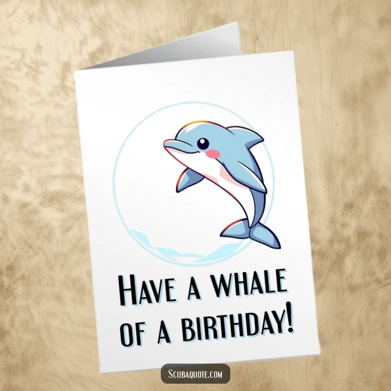 Funny Free Printable Birthday Card: Playful dolphin leaping through a ring of light, celebrating birthday wishes!