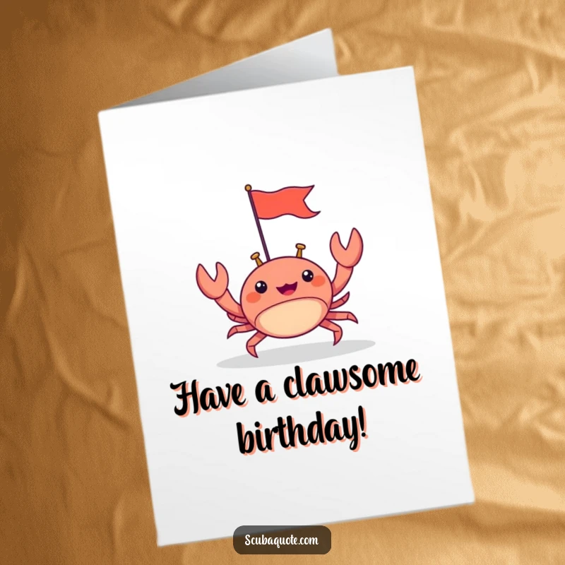 Funny Free Printable Birthday Card: Happy crab scuttling forward with a tiny flag, celebrating your birthday!