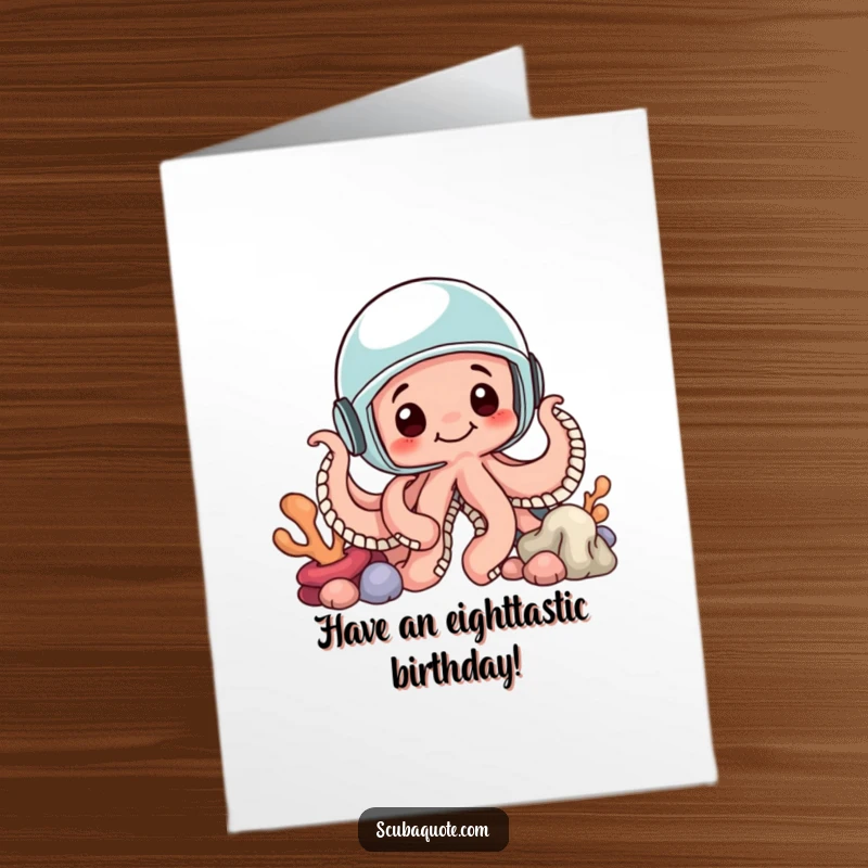 Funny Free Printable Birthday Card: Curious octopus in helmet peeking from coral, wishing happy birthday!