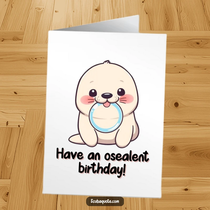 Funny Free Printable Birthday Card: Cute seal pup blowing a bubble ring with its nose, a playful greeting.
