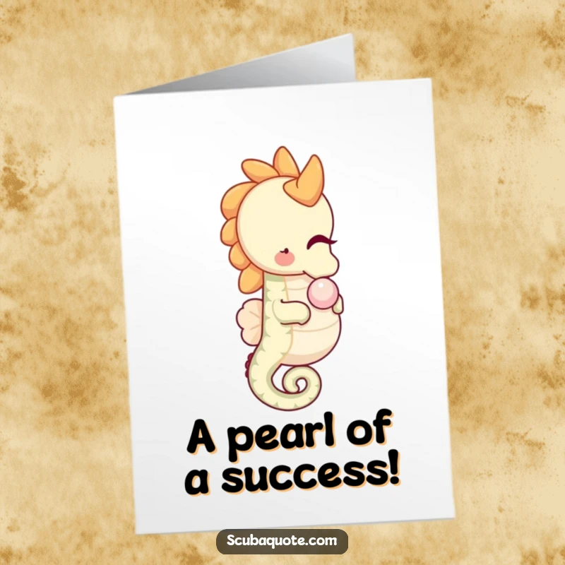 Funny Free Printable congratulations card with a happy seahorse gently nudging a pearl, symbolizing a valued accomplishment.