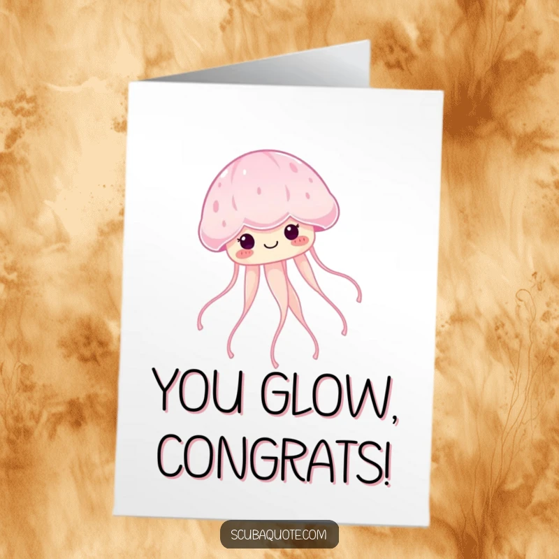 Funny Free Printable Congratulations Card featuring a smiling jellyfish with glowing tendrils, a beautiful downloadable gift.