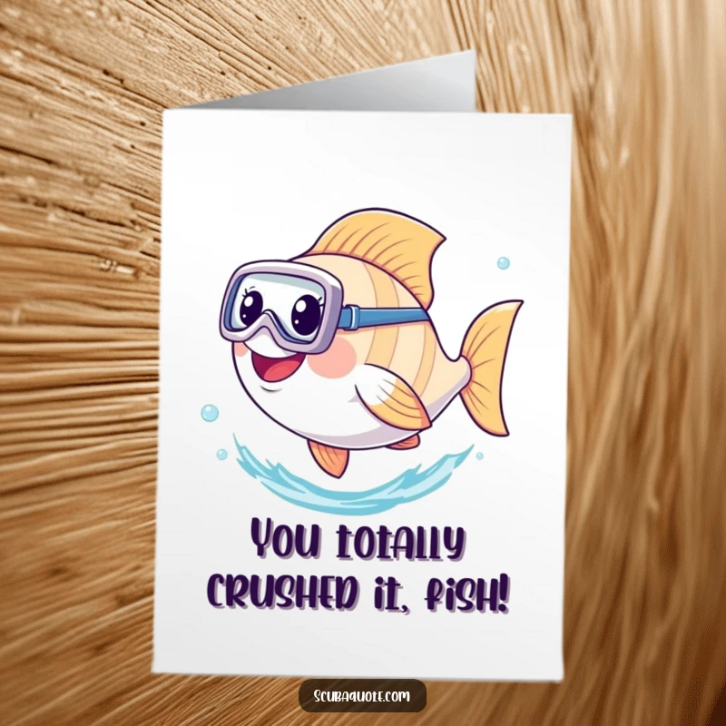 Funny Free Printable Congrats Card: A fish with a diving mask kicks its tail, celebrating success underwater.