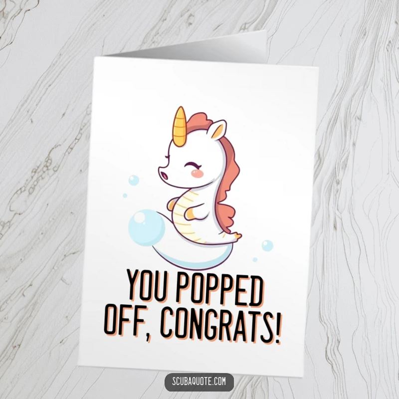 Funny Free Printable Congratulations Card: Tiny seahorse gleefully riding a fast bubble, perfect for celebrating achievements with laughter.