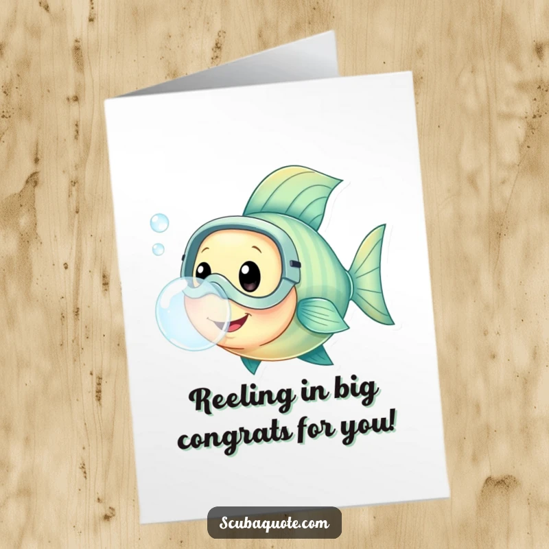 Free Printable Congratulations Card: A happy fish wearing a diving mask blows a big bubble, celebrating success underwater.