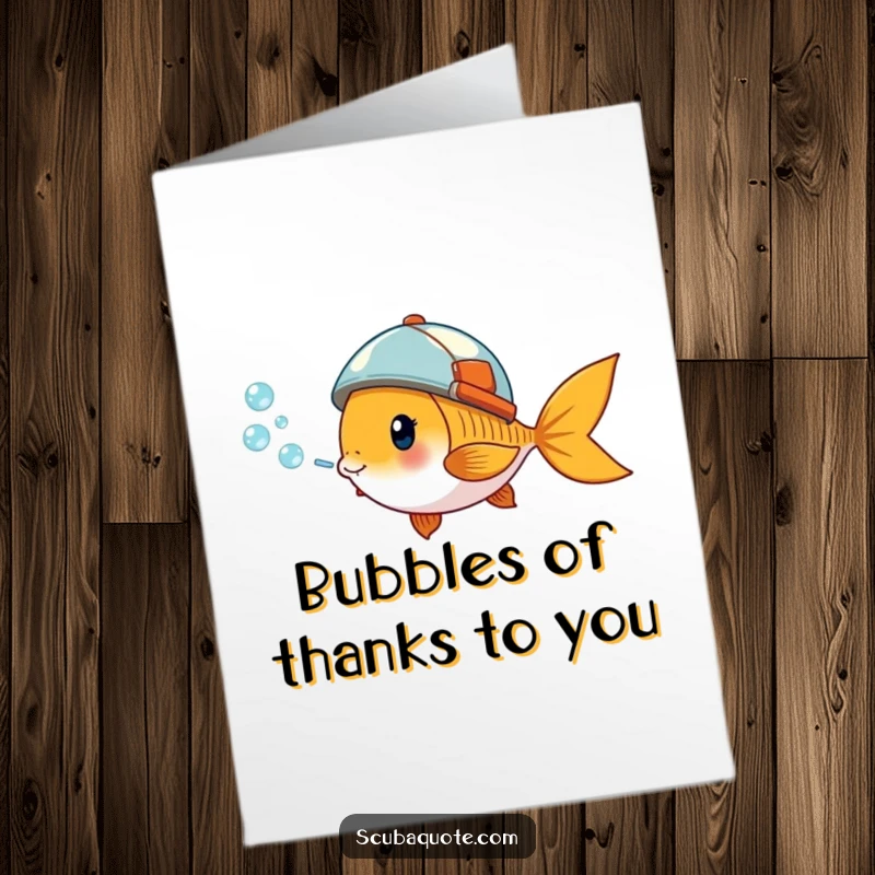 Funny Free Printable Thank You Card: Giddy goldfish in tiny helmet blows bubbles, expressing thanks with lighthearted charm.