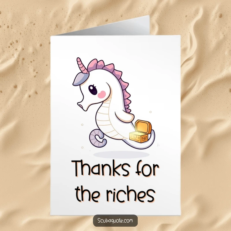 Free Printable Thank You Card featuring a delighted seahorse chasing a sparkling treasure chest, perfect for expressing thanks.