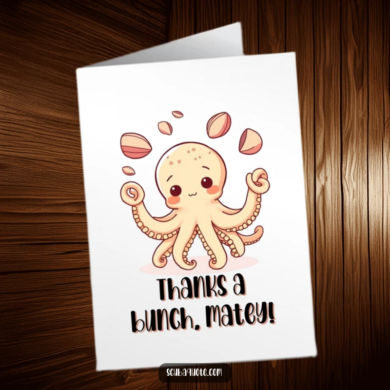 Funny Free Printable Thank You Card: Curious octopus skillfully juggling a colorful array of shells, expressing thanks.