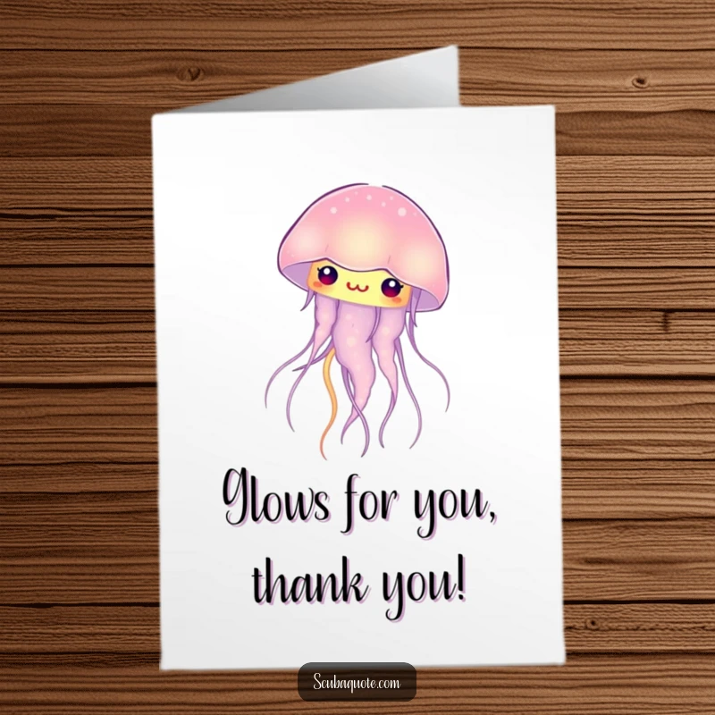 Funny Free Printable thank you card featuring a curious jellyfish, its internal glow symbolizing warm appreciation and unique thanks.