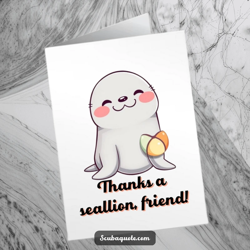 Funny Free Printable Thank You Card: A giggling seal balances a ball, expressing heartfelt thanks with a smile.