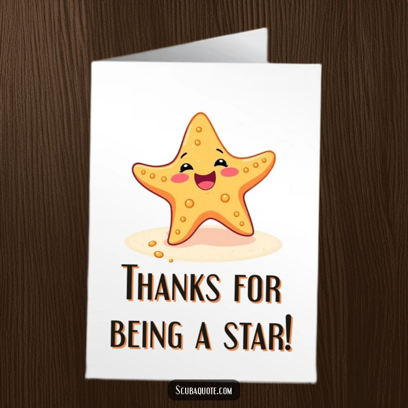 Funny Free Printable Thank You Card: A delighted starfish wiggles happily on the sand, sending thanks.