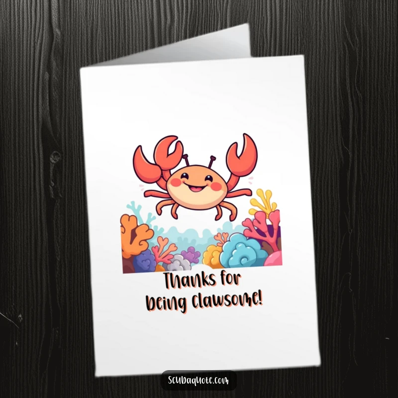 Funny Free Printable Thank You Card: A smiling crab peeks from a reef, extending claws in thanks.