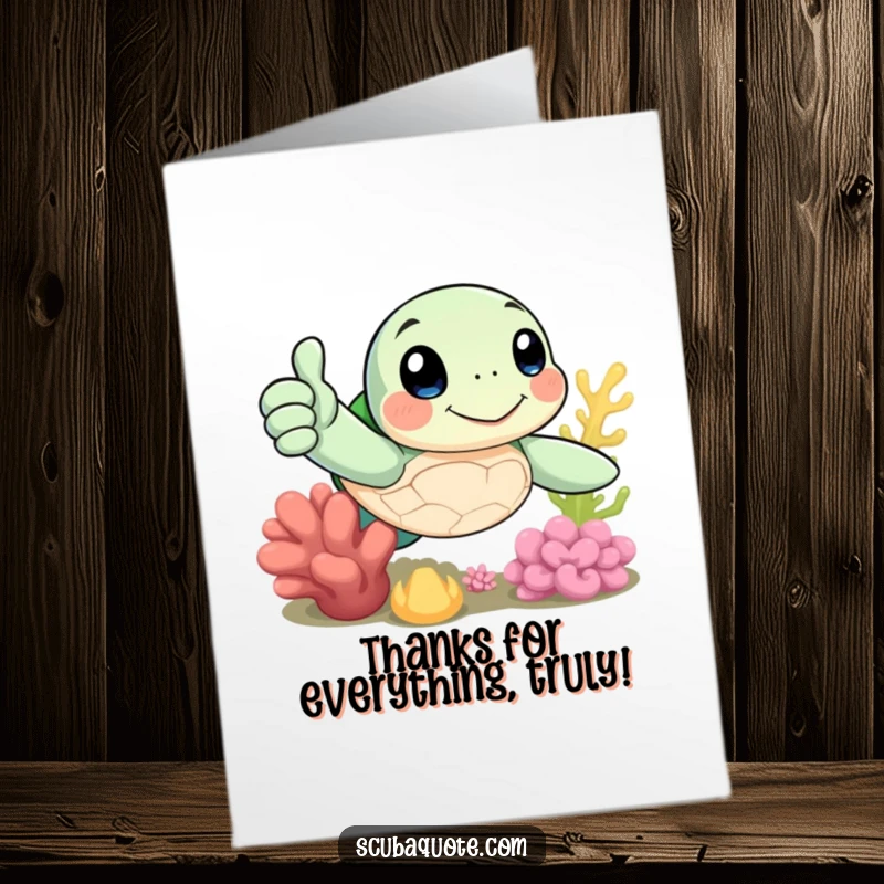 Funny Free Printable Thank You Card: A cheerful sea turtle gives a thumbs-up underwater, conveying thanks with a relaxed attitude.