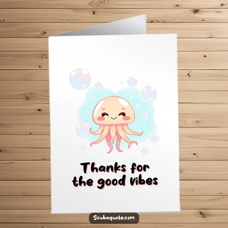 Free Printable Thank You Card featuring a giggling jellyfish floating amongst bubbles, perfect for expressing thanks.