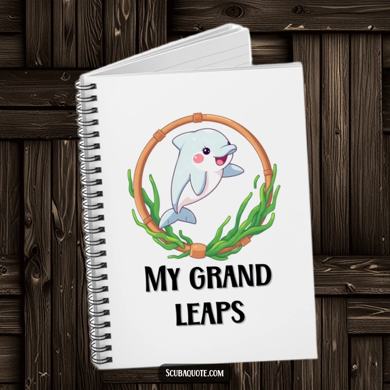 Funny notebook with a playful dolphin leaping through a seaweed hoop, perfect for writing and creative ideas.