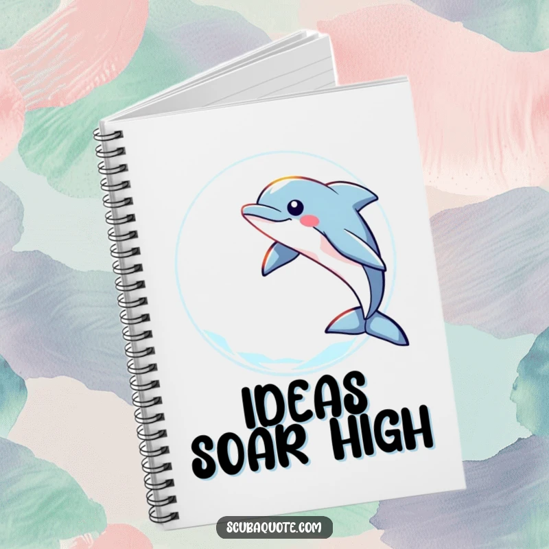 Funny notebook with a playful dolphin leaping through a ring of light, ideal for jotting notes with a side of aquatic humor.