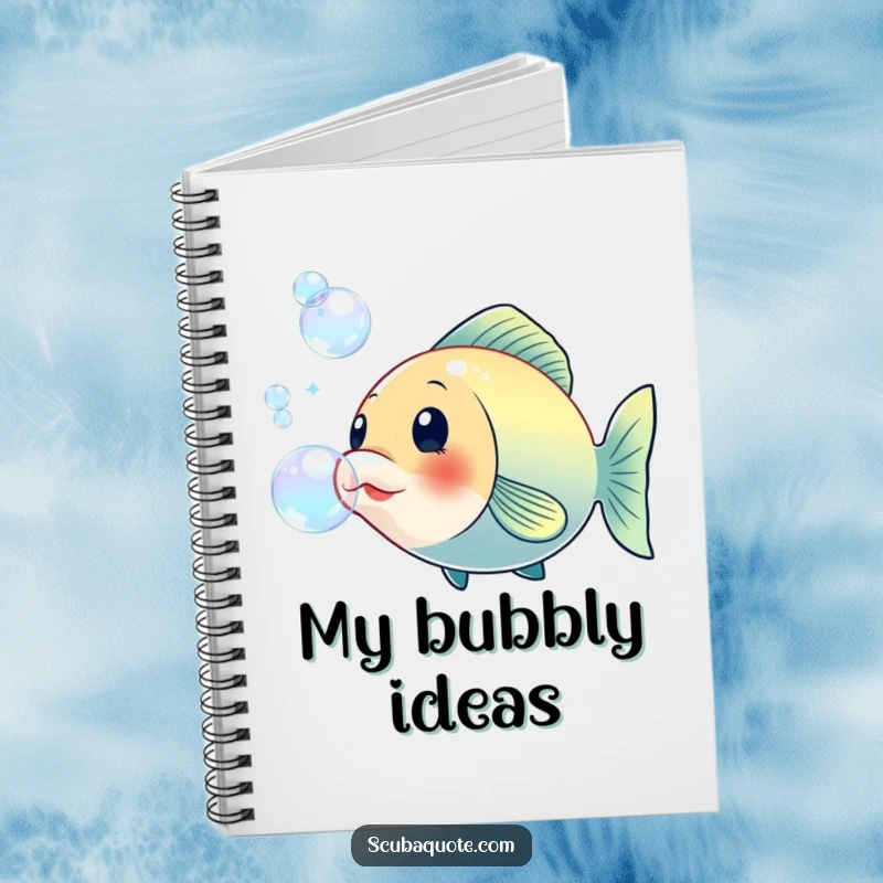 Funny notebook featuring a cheerful fish blowing large, iridescent bubbles, ideal for jotting down thoughts and creative ideas.
