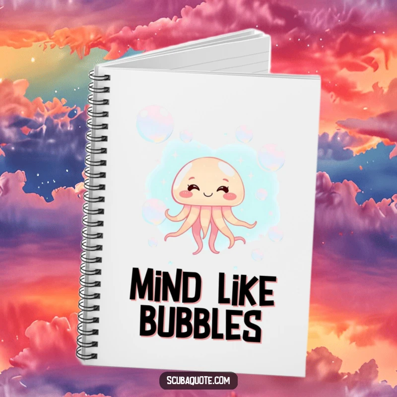 Funny jellyfish notebook with a giggling jellyfish surrounded by bubbles, ideal for notes and journaling.