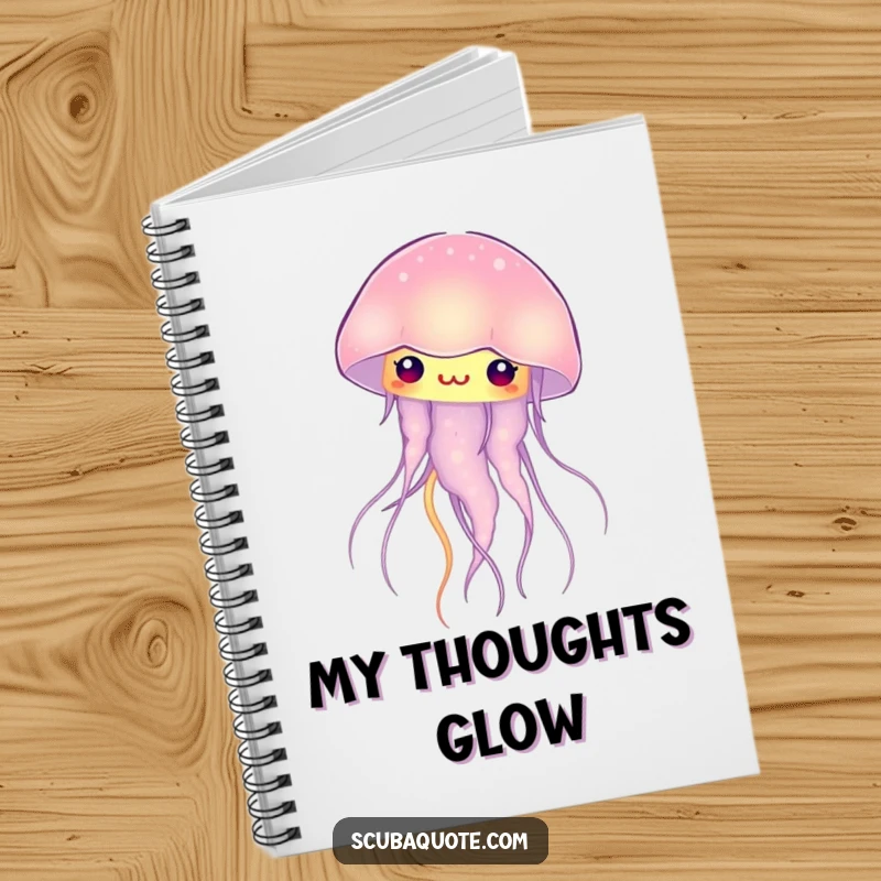 Funny glowing jellyfish notebook, a curious creature pulsing with light, perfect for capturing thoughts humorously.