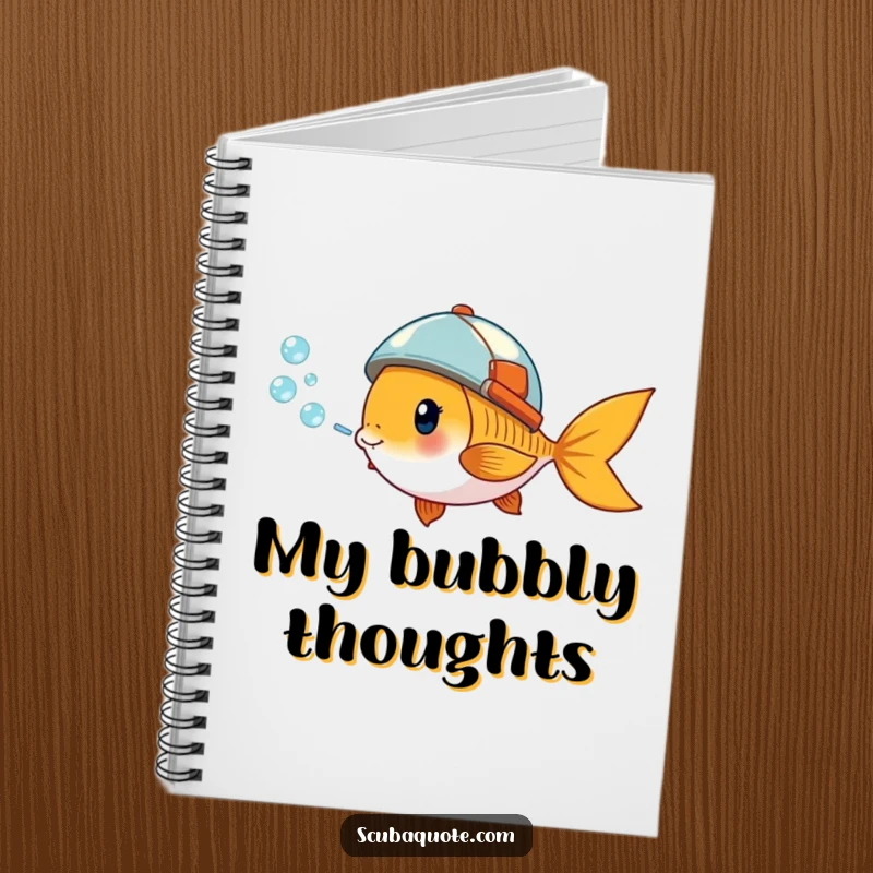 Funny notebook with a giddy goldfish wearing a small helmet, blowing a stream of bubbles, perfect for capturing aquatic thoughts.